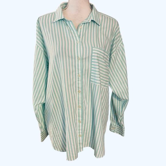 Loft Size L 100% Cotton Button Up Front Top Shirt Green White Stripe Oversized - Picture 1 of 4